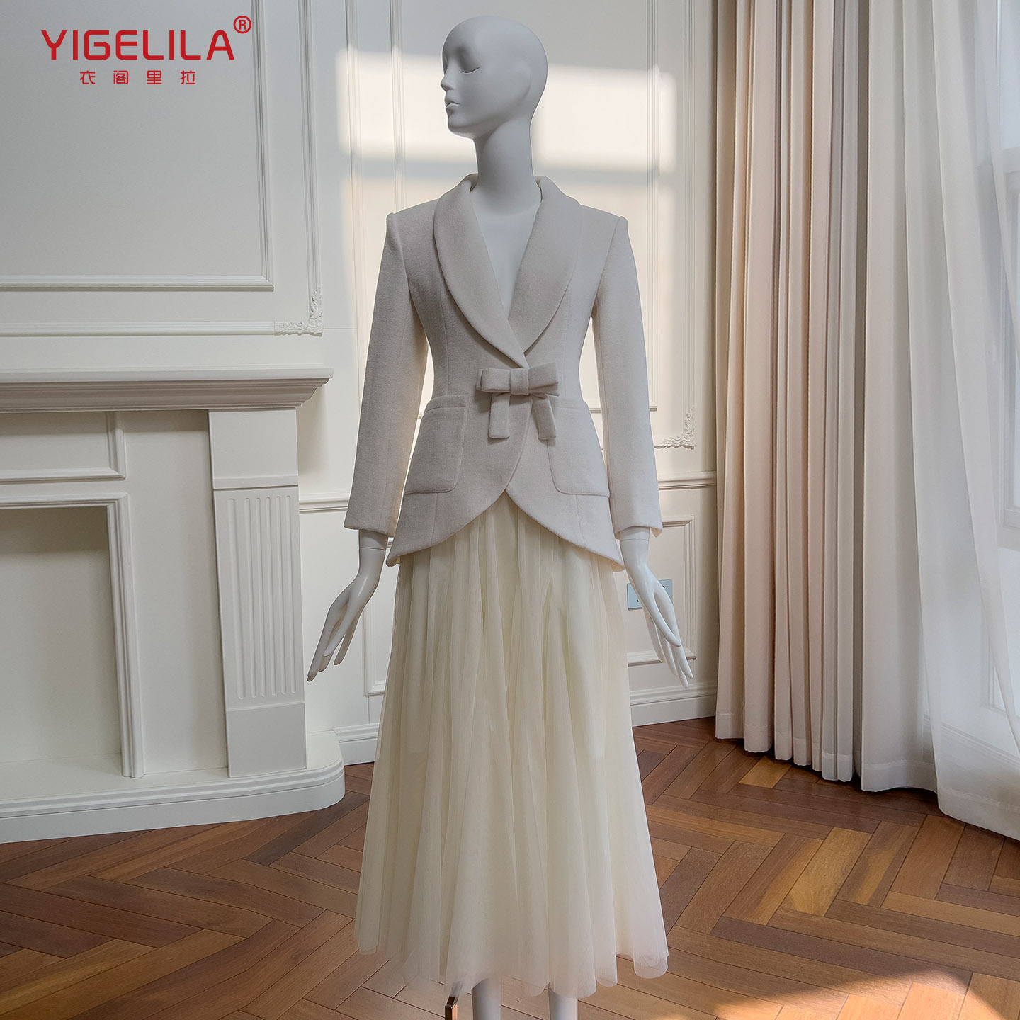 法式名媛风千金高级感羊毛大衣西装外套网纱半裙套装91622+51417