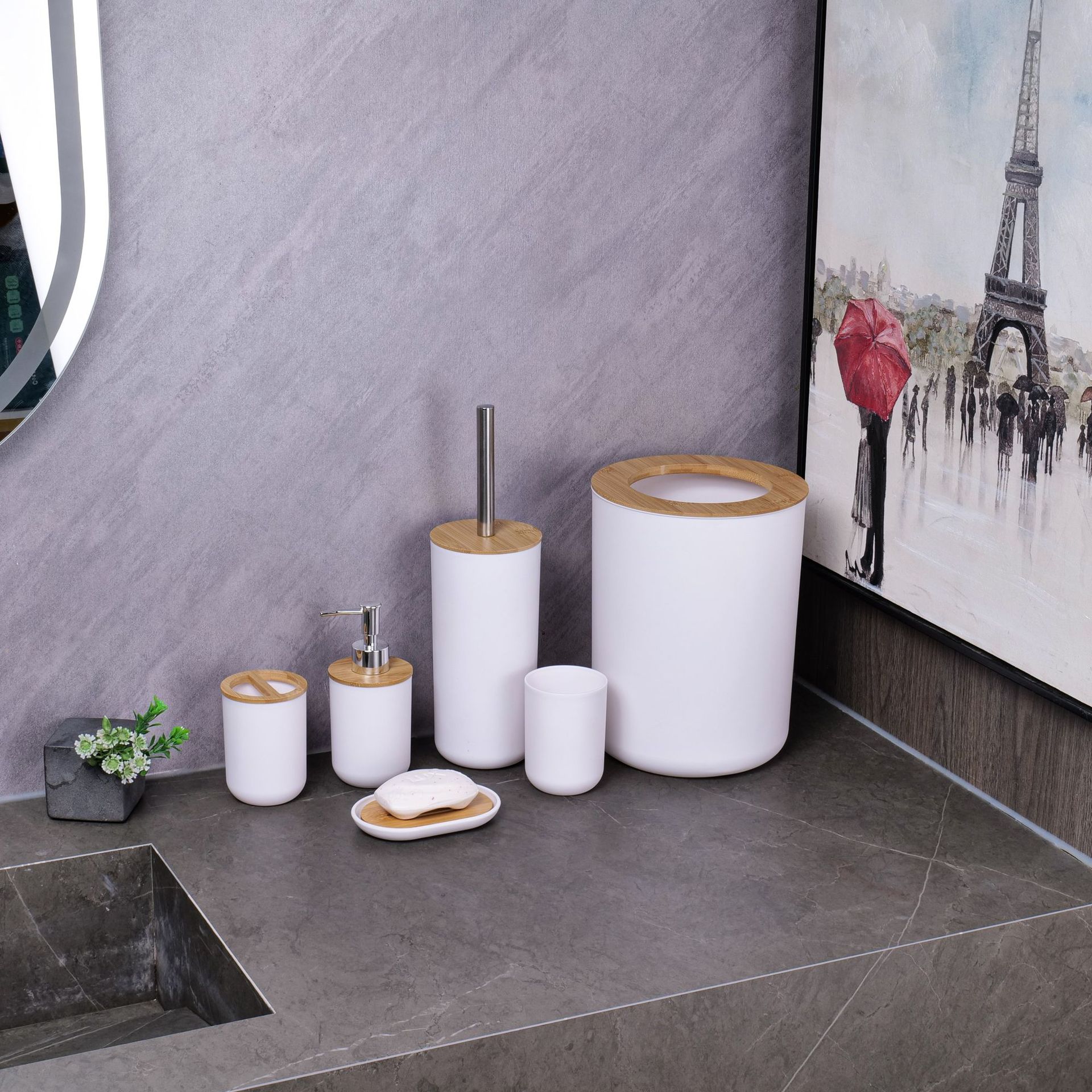 YUFEI Baño transfronterizo lavado de bambú y madera juego de seis piezas bomba de loción cepillo de dientes taza caja de jabón estilo nórdico traje simple