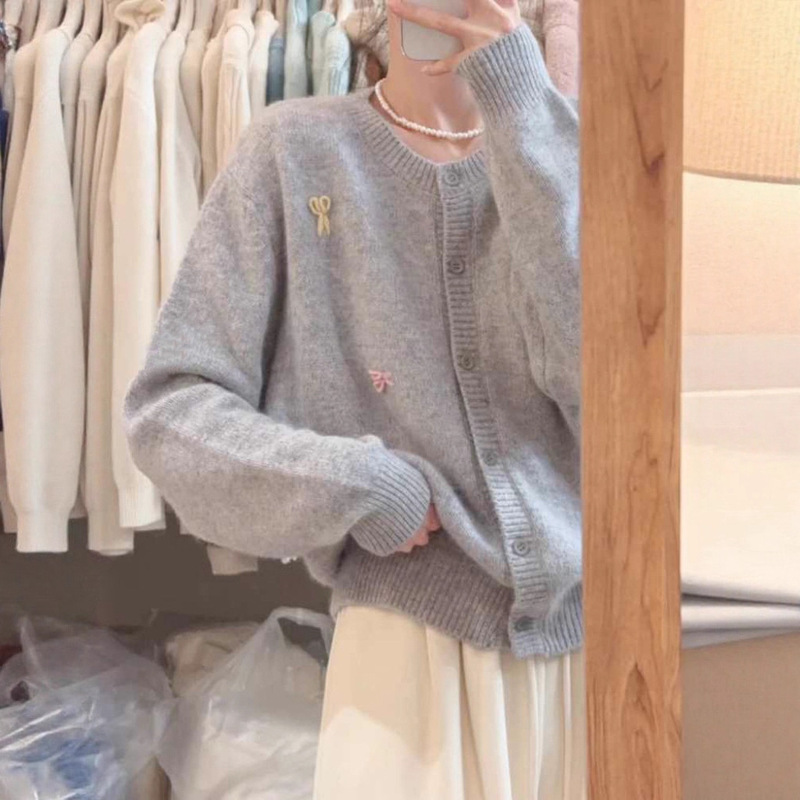 韩版软糯蓝色针织开衫毛衣外套女2025秋冬新款外穿宽松浣熊绒上衣|undefined