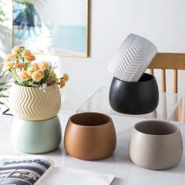 北欧陶瓷花盆简约桌面蝴蝶兰盆创意条纹绿植多肉色釉圆形园艺盆栽