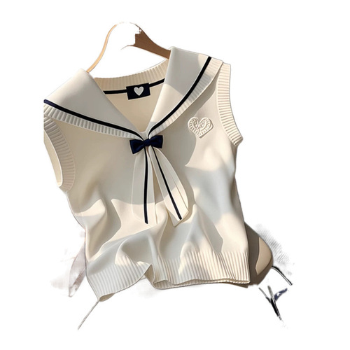 Cream White Navy Collar Bow Knot V Neck Cardigan for Women - Spring New Arrival Korean Style Knit Top