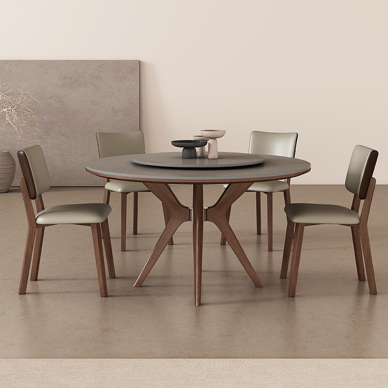 Solid Wood Round Dining Table for Home Use, Small Apartment Style, Nordic White Ash Wood with Rock Slab Round Table and Turntable