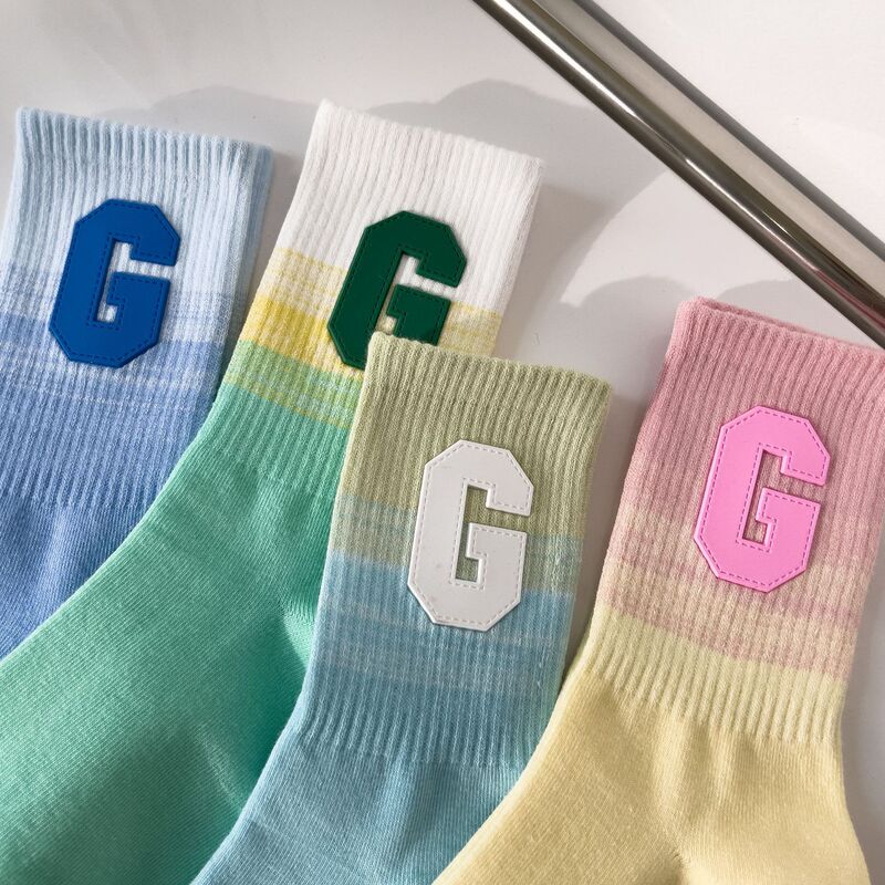 Women's Mid-Calf Socks for Spring, Summer, and Autumn, Forest Style, Pure Cotton, Candy Tie-Dye, Gradient Color, Trendy Letter Leather Label, Versatile