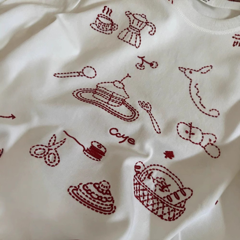 アメリカンレトロなヘビーウェイト刺繍白半袖Tシャツレディース夏デザイン楽しいスリムラウンドネックショルダートップ|undefined