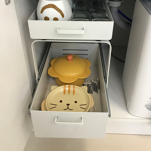 Double-layer drawer-type storage rack under the kitchen sink, homemade dish storage multi-functional pull basket in the cabinet