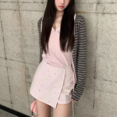 百甜 复古撞色条纹短开衫女 系带设计修身显瘦少女感外套