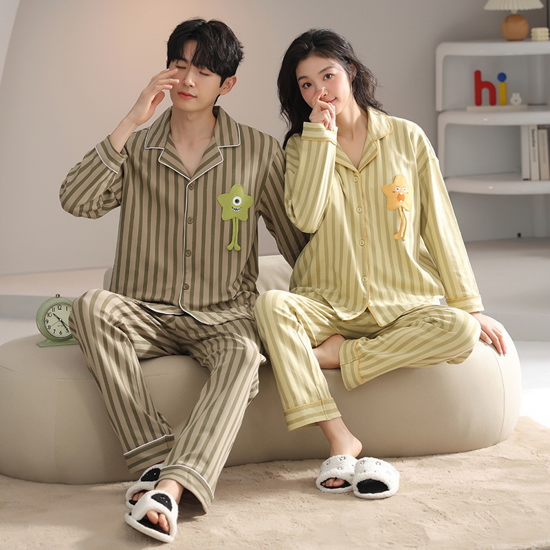 봄과 가을 새 커플 잠옷 여성용 긴 소매 카디건 편안한 홈 의류 남성 느슨한 커플 캐주얼 가을과 겨울 세트