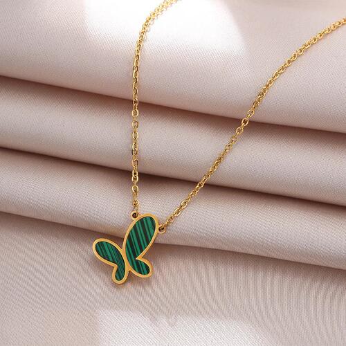 Internet celebrity jewelry 18k gold titanium steel necklace green butterfly pendant beaded clavicle chain popular jewelry necklace