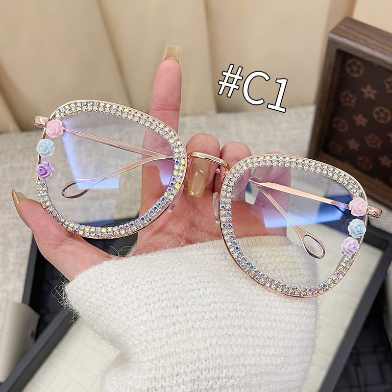 2025年新作ラージフレームメタルダイヤモンドフラットミラー、ヨーロッパとアメリカのクロスボーダー男女兼用紫外線防止メガネ|undefined