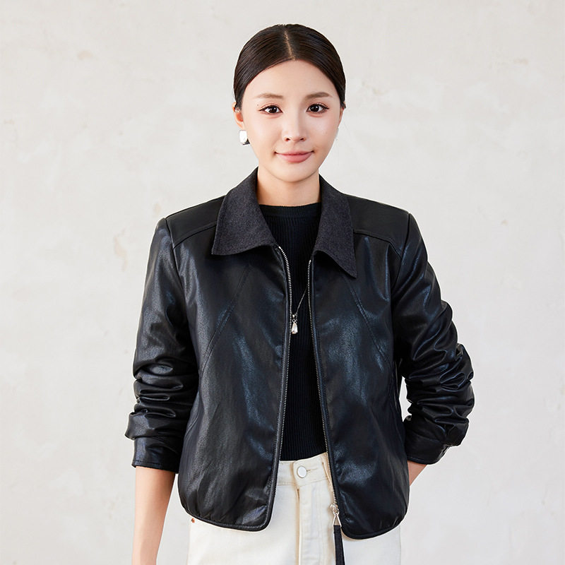 Áo khoác da nữ cổ bẻ dáng ôm phối lông bên trong kiểu mới — màu cà phê, đen, Màu cà phê Fleece dày, Màu đen Fleece dày