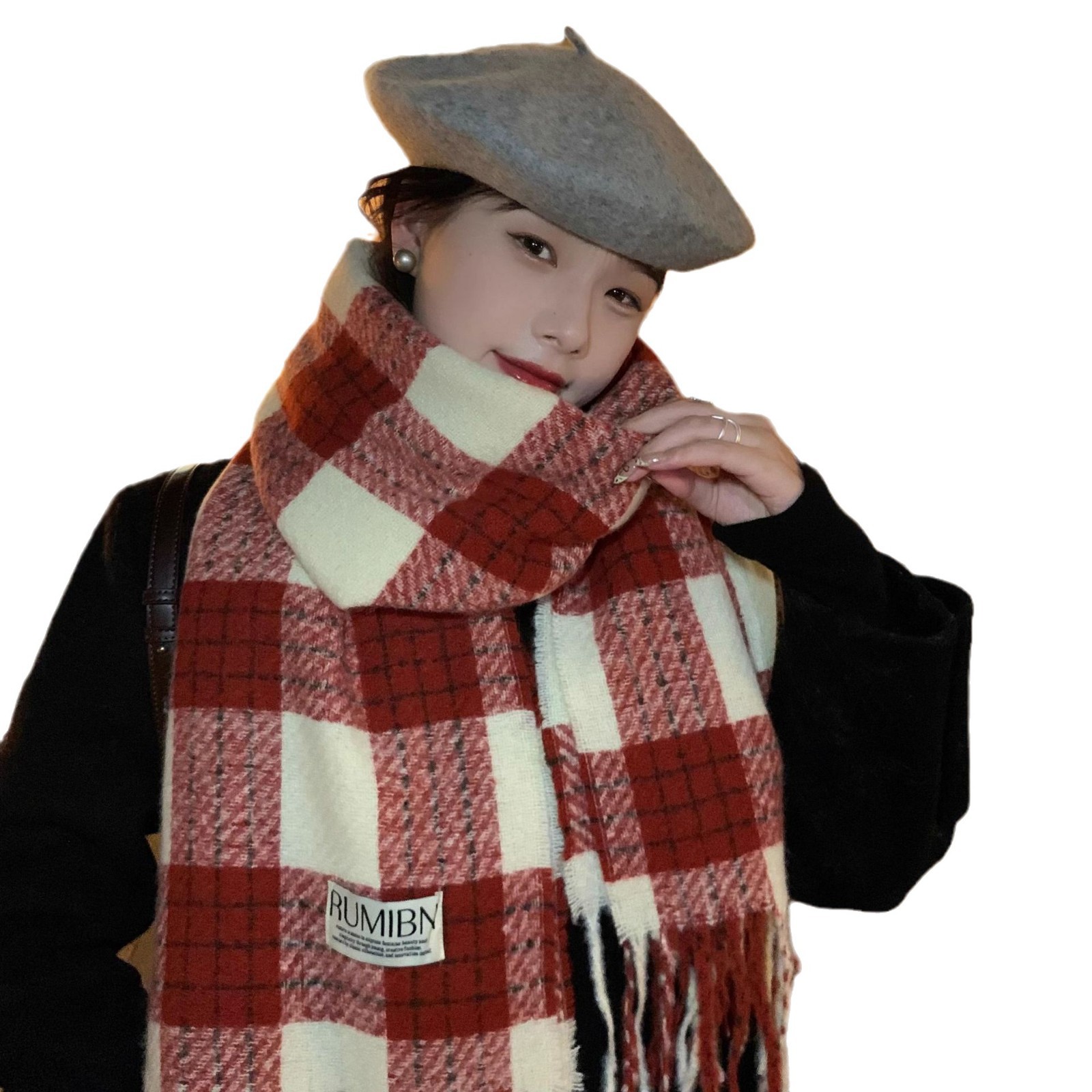 Rot karierter Schal im koreanischen College-Stil für Frauen, vielseitiger High-End-Schal im Herbst und Winter, warmer Schal, Neujahr_voghion.com