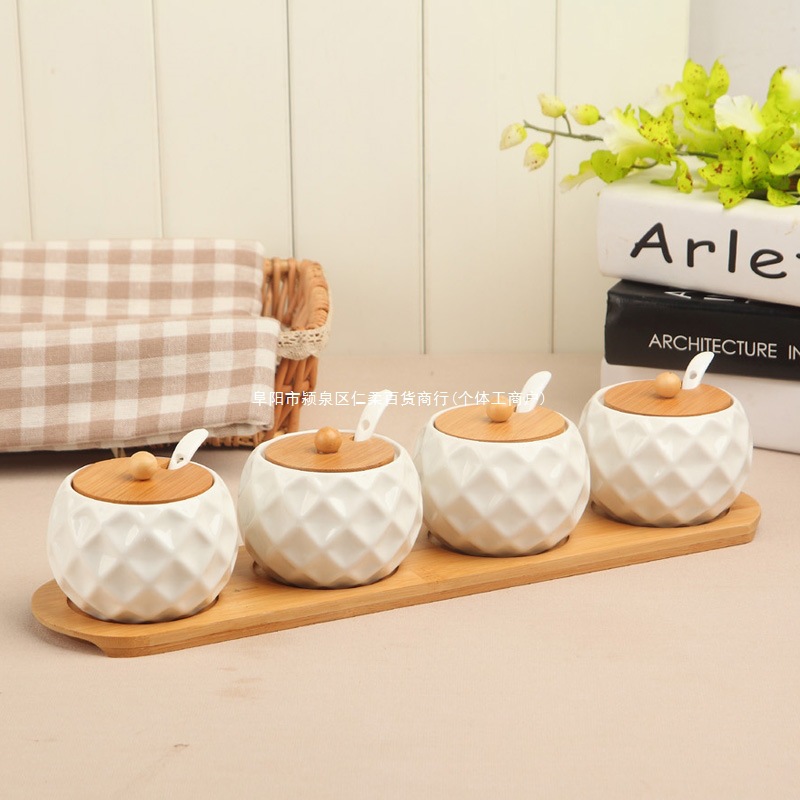 Botella de condimento de cerámica lata de cocina caja de condimento lata de sal azúcar MSG caja de condimento pimienta casera lata de condimento pimienta