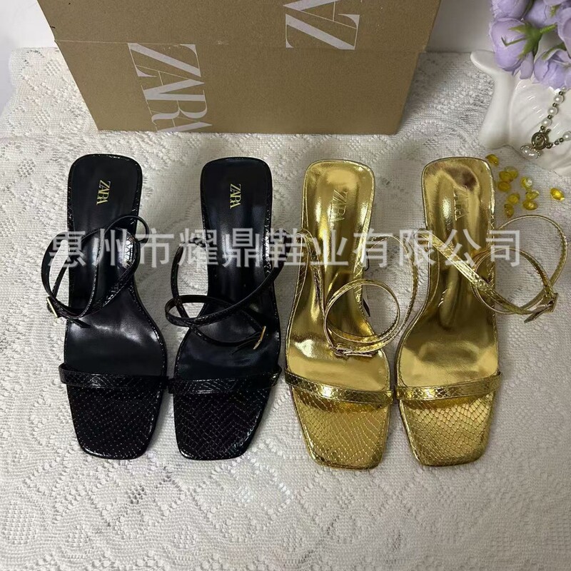 Za2025 New Autum Stiletto High Heels Square Toe Snake Pattern Open Toe Back Strap Slingback Sandals Women's Shoes