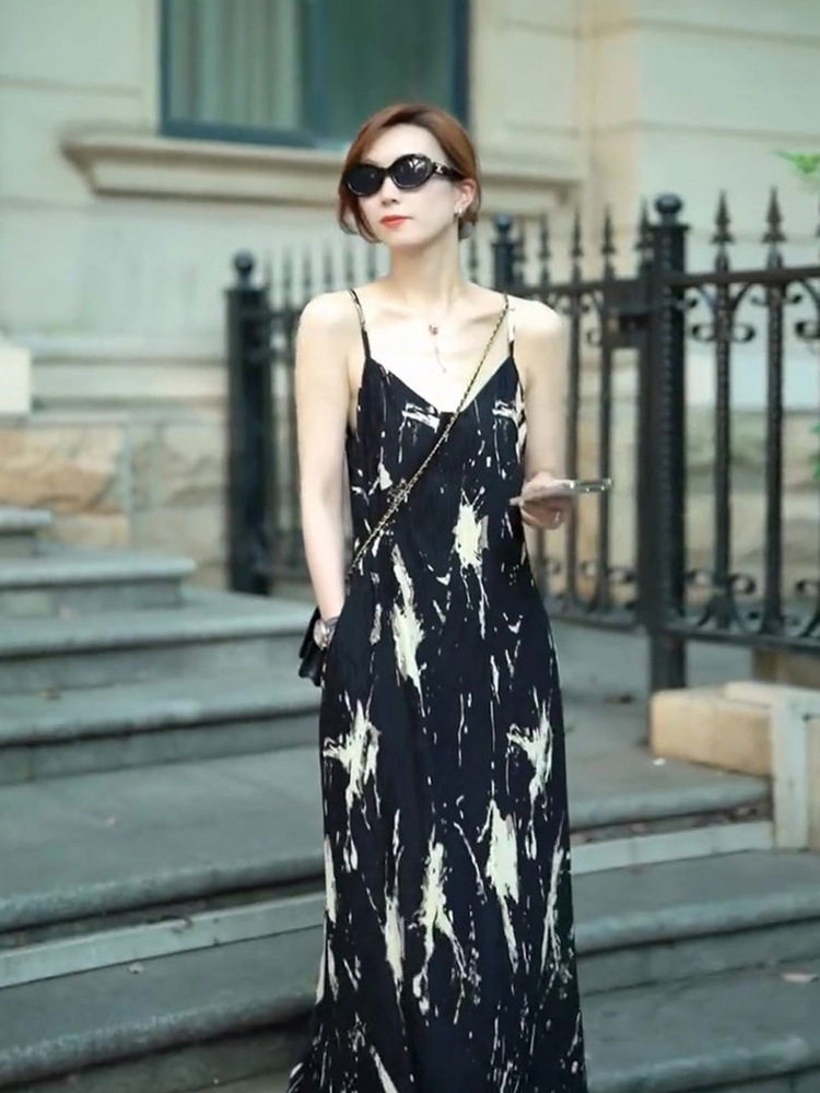 Đầm maxi hai dây dáng dài phong cách Pháp Hepburn che bụng thon gọn mùa hè — Màu đen chi tiết 9