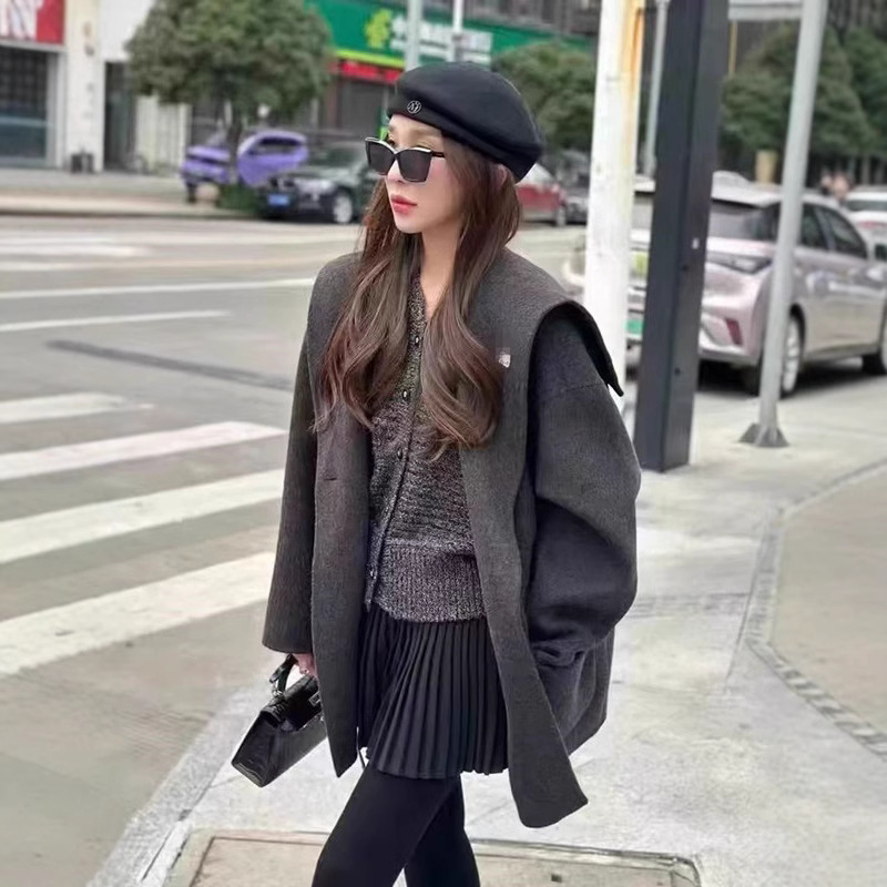 European Station New Style Lazy Double-Sided Cashmere Coat Simple Navy Collar Women's Wool Tilded Coat High-end Sense