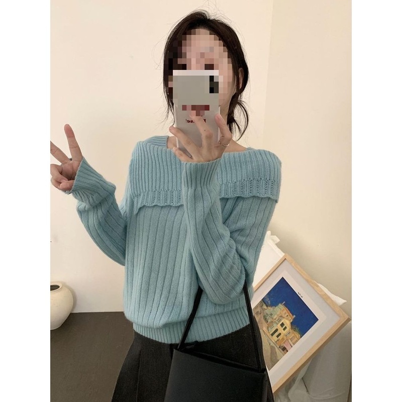 设计感斜肩花朵灰色毛衣针织衫女秋季韩系氛围感穿搭露肩长袖上衣|undefined