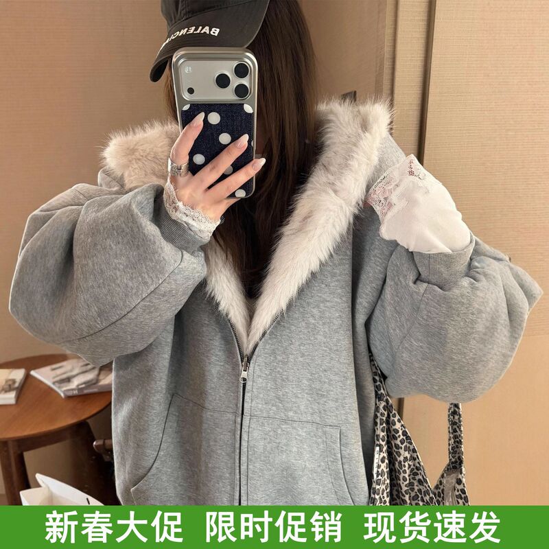 Hangzhou Italian-French Style Reversible Fur Hoodie with Hood, Plush Coat for Women, Winter Versatile Loose Thick Warm Jacket in Stock