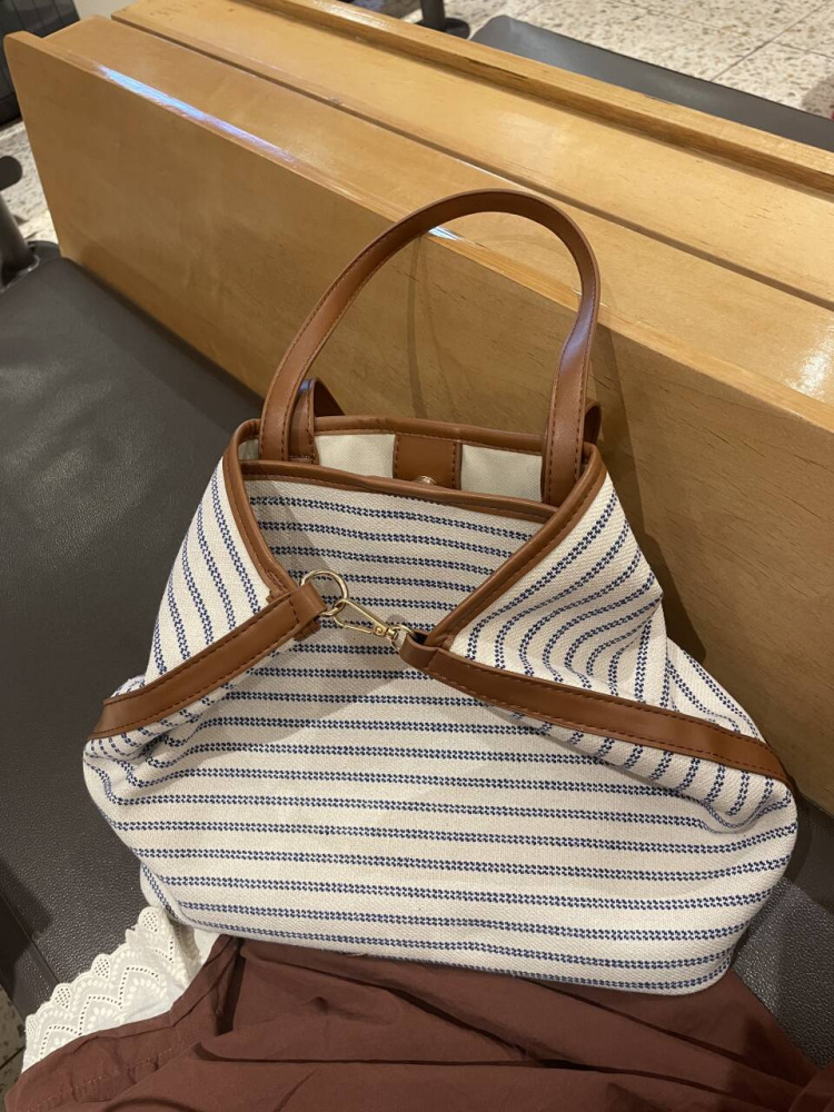 Korean Striped Canvas Tote Bag Large Capacity Shoulder Handbag_voghion.com
