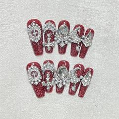 淺來美甲新款【實拍】新年紅戰甲純欲風重工爆閃輕奢純手工穿戴甲