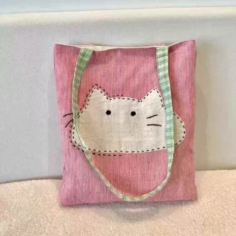 Japanese-style shoulder bag, fashionable, simple, cute cat fabric bag, suitable for daily commuting and classes, large capacity, versatile shoulder bag