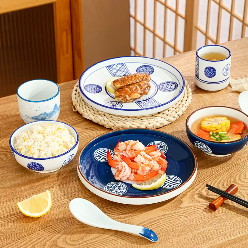 日式碗盘套装家用吃饭碗泡面碗带杯吐骨碟陶瓷摆台创意餐具山水