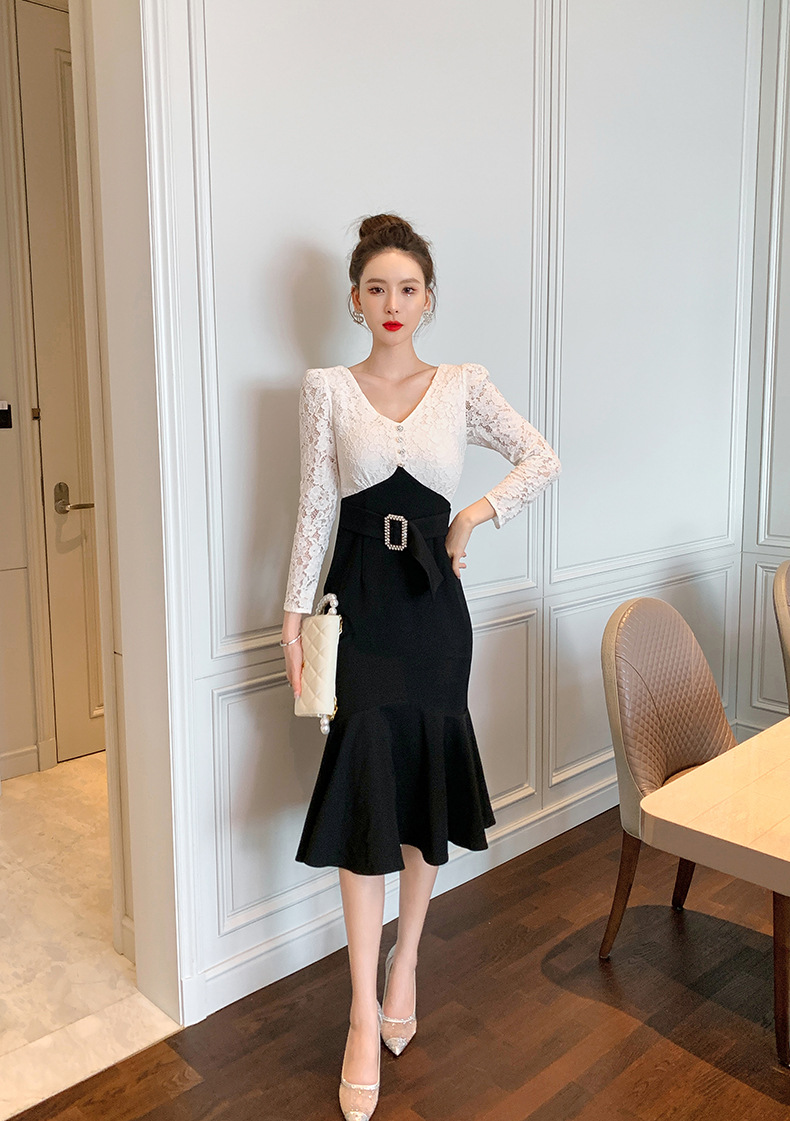 Đầm ôm body nữ cổ chữ V ren đuôi cá — Đen trắng chi tiết 14