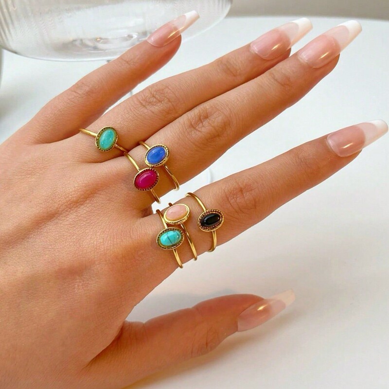 Unique Colorful Stone Ring Stainless Steel Electroplating 18K Gold Personality Fashion Ladies Jewelry Trend Jewelry
