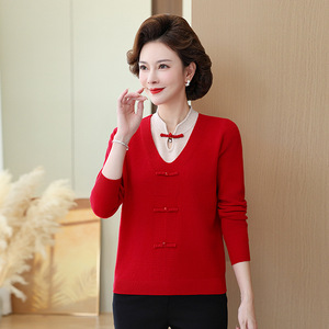 媽媽秋冬打底衫風洋氣純羊毛上衣中老年100%羊毛拼接旗袍領(lǐng)毛衣圖片