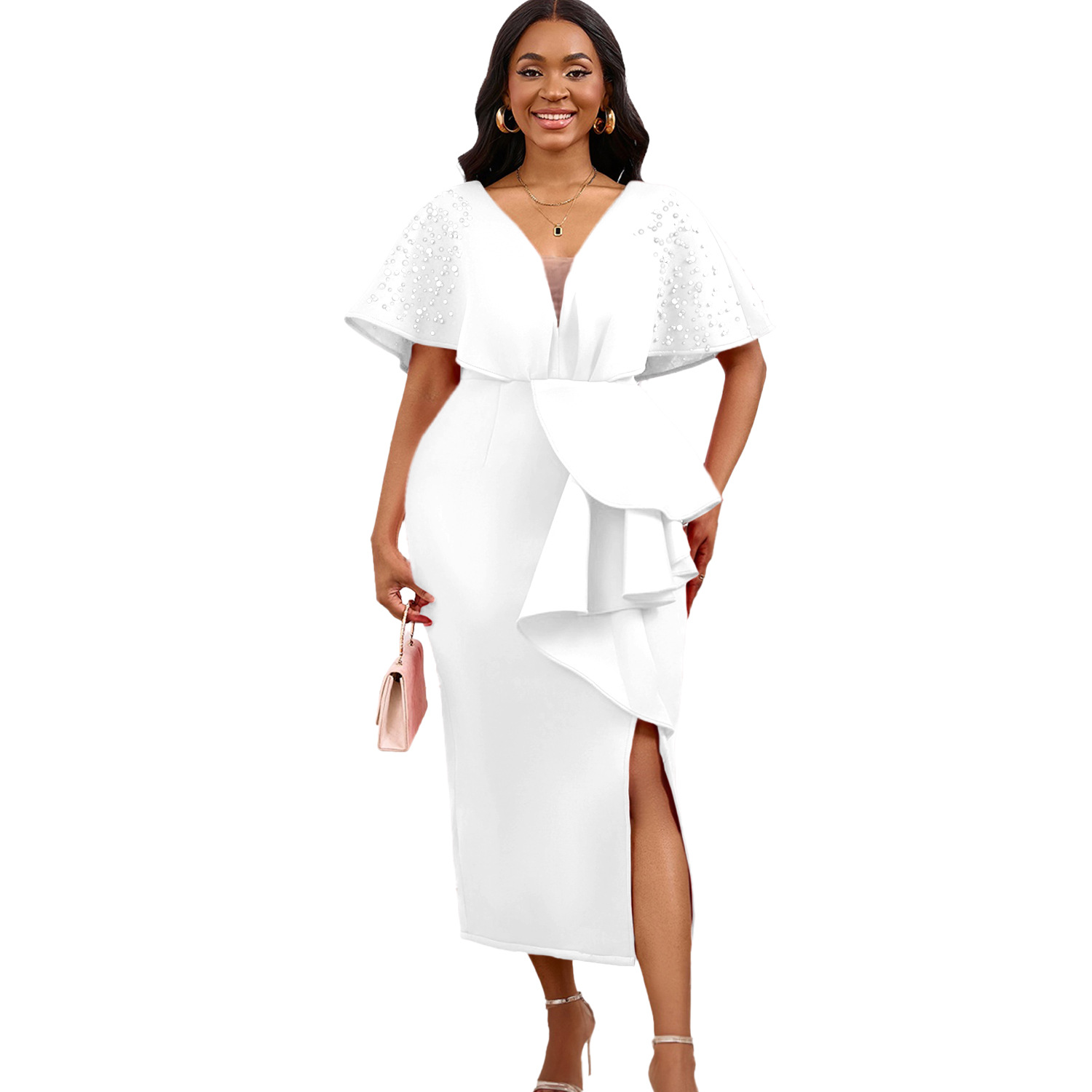 Robe de soirée sexy à col en V et à volants avec fente perlée, robe de banquet de tempérament de célébrité_voghion.com