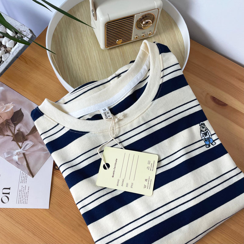 実写スポット授乳服秋冬新作授乳純綿長袖ストライプtシャツ産後底授乳上着|undefined