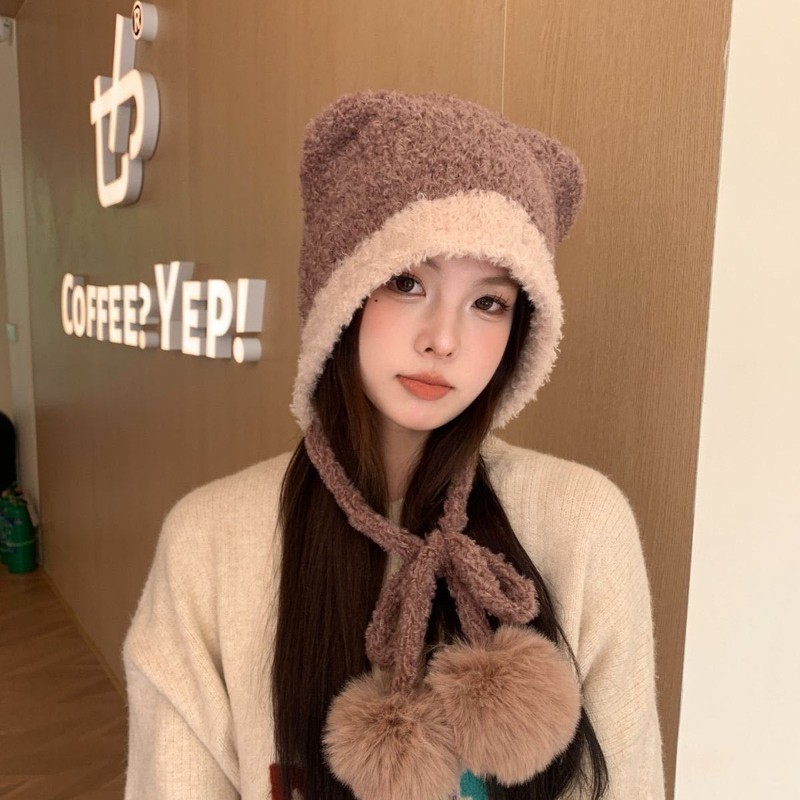拼色帽子泰迪绒小熊耳朵绑带雷锋帽女韩国可爱冬天保暖护耳针织毛|undefined