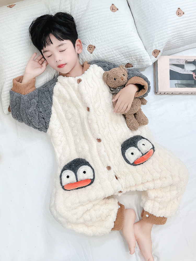 가을 겨울 소년을위한 소년 플란넬 잠옷  두꺼운 겨울 어린이 산호 양털 홈 옷