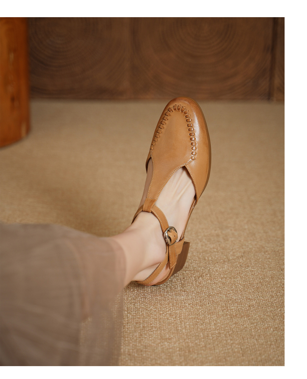 Sandal nữ mũi nhọn quai chữ T da bò gót 5 cm phong cách vintage — Màu hồng chi tiết 12