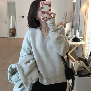 2025秋冬新款v领软糯简约慵懒风宽松显瘦毛衣女韩版纯色针织上衣