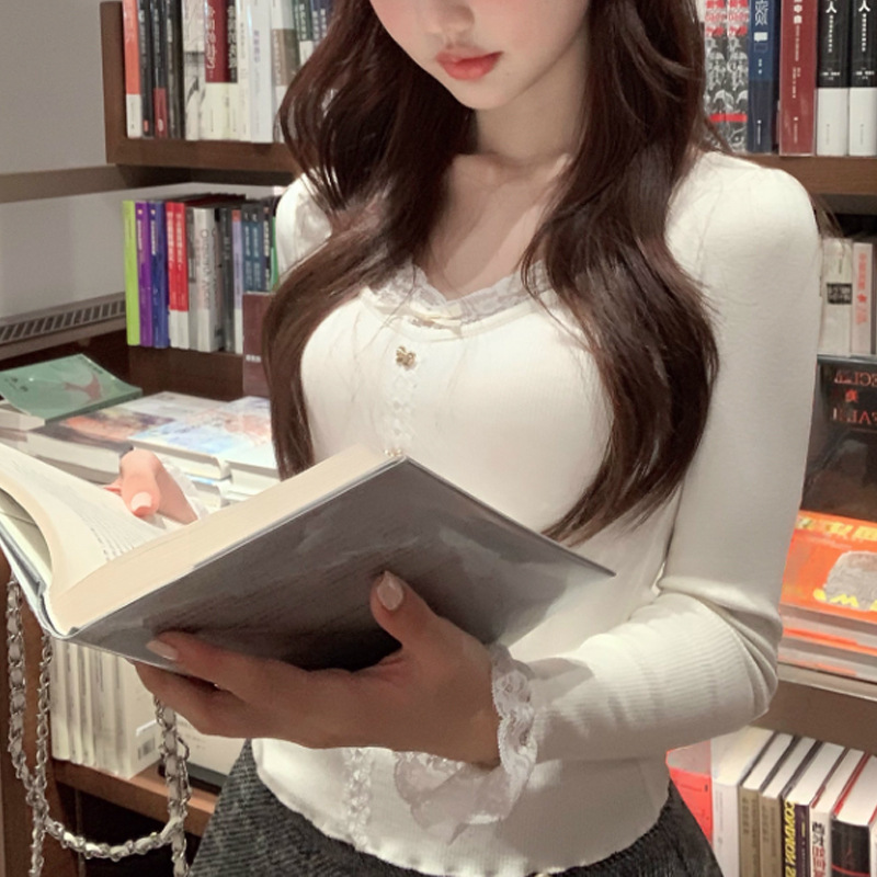 Bella Girl/Lace Versatile Long-Sleeved Slim V Neck Bottoming Shirt T-Shirt Inner Top Early Autumn White 2025 Autumn
