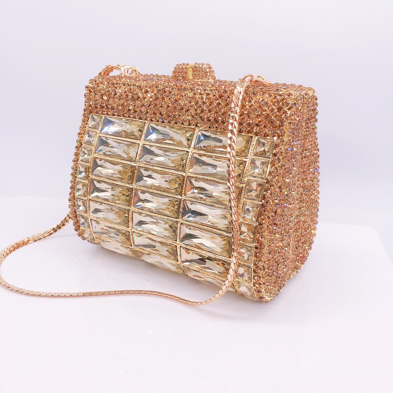 Túi clutch nữ đính đá rhinestone dạ hội cầm tay — Màu Sâm panh, Đế Vàng Kim Cương, Nền vàng kim cương trắng, Vàng kim AB chi tiết 19