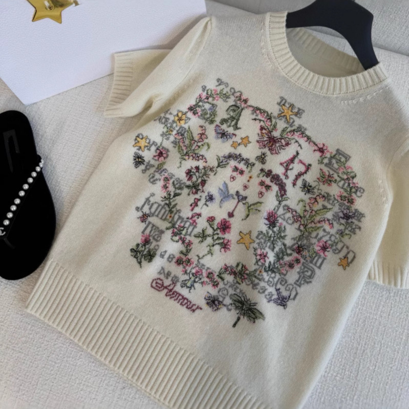 High-End Knitted D-Grade High-Quality Wool Short-Sleeve Embroidered Sweater for Women, Nanyou Round Neck High-End Knitted D-Grade High-Quality Wool Short-Sleeve Embroidered Sweater for Women, Nanyou Round Neck