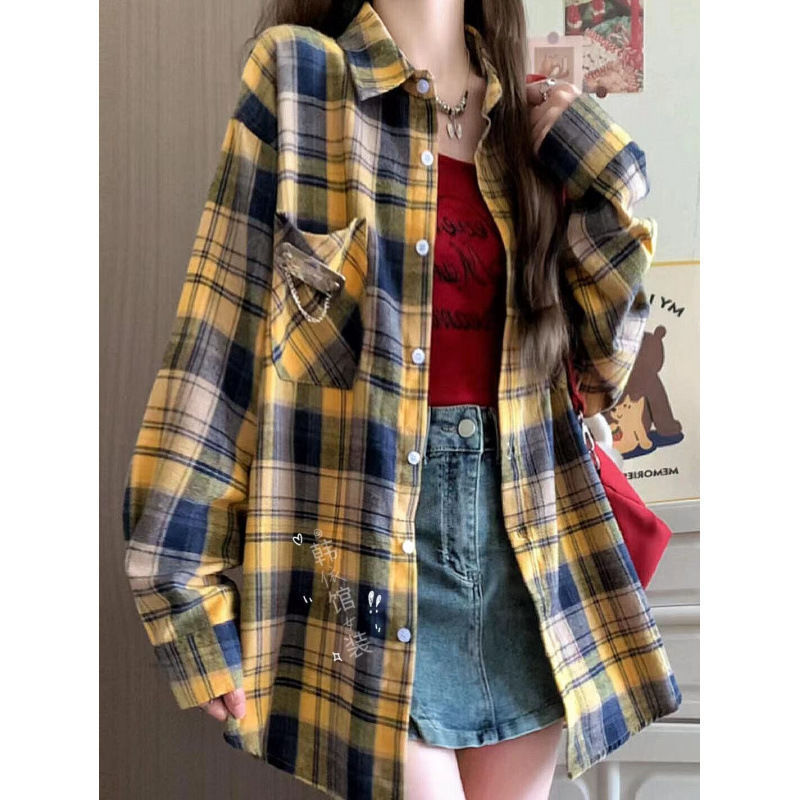 Japanese Retro Brown Plaid Shirt for Women to Wear Outside, Summer New Style, Unique and Chic, White Long-Sleeved Korean Style Jacket