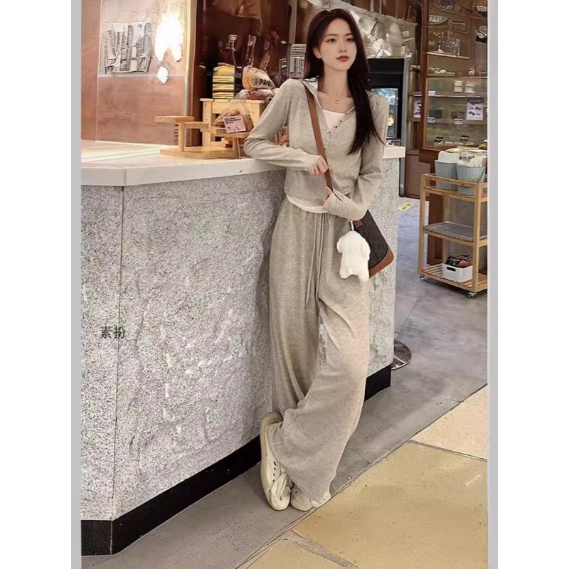 春秋款针织薄款修身两件套女运动休闲通勤连帽时尚百搭阔腿裤套装