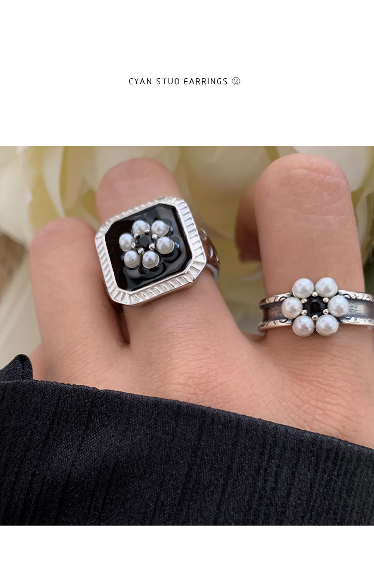 Hong Kong Stil Schwarz Emaille Blumen Silber Ring Retro Trend_voghion.com
