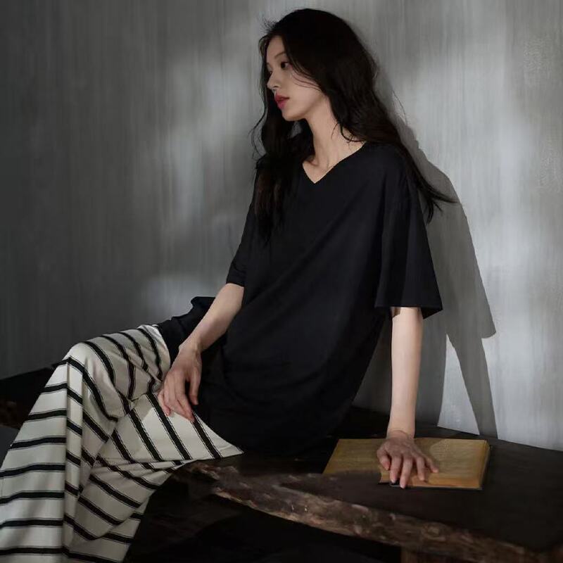 New Soft Moil Cotton Short-Sleeved Long-Pants Pajamas for Women, New Summer Casual High-End Home Wear Set That Can Be Worn Outside