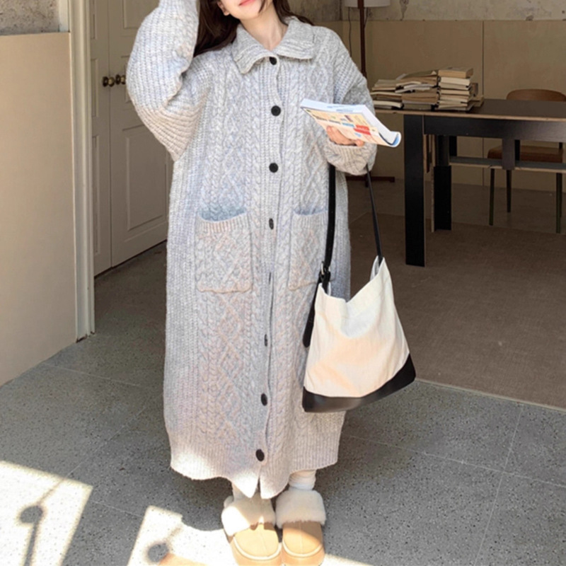 Retro High-Neck Thickeneded Loose Twist Sweater Jacket Autumn and Winter New Lazy Style Knee-Length Knitted Cardigan Long Top Retro High-Neck Thickeneded Loose Twist Sweater Jacket Autumn and Winter New Lazy Style Knee-Length Knitted Cardigan Long Top