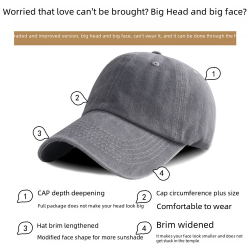 Large-brimmed 60-62cm duckbill cap, men's water-washed retro denim baseball cap, women's widened brim sun hat