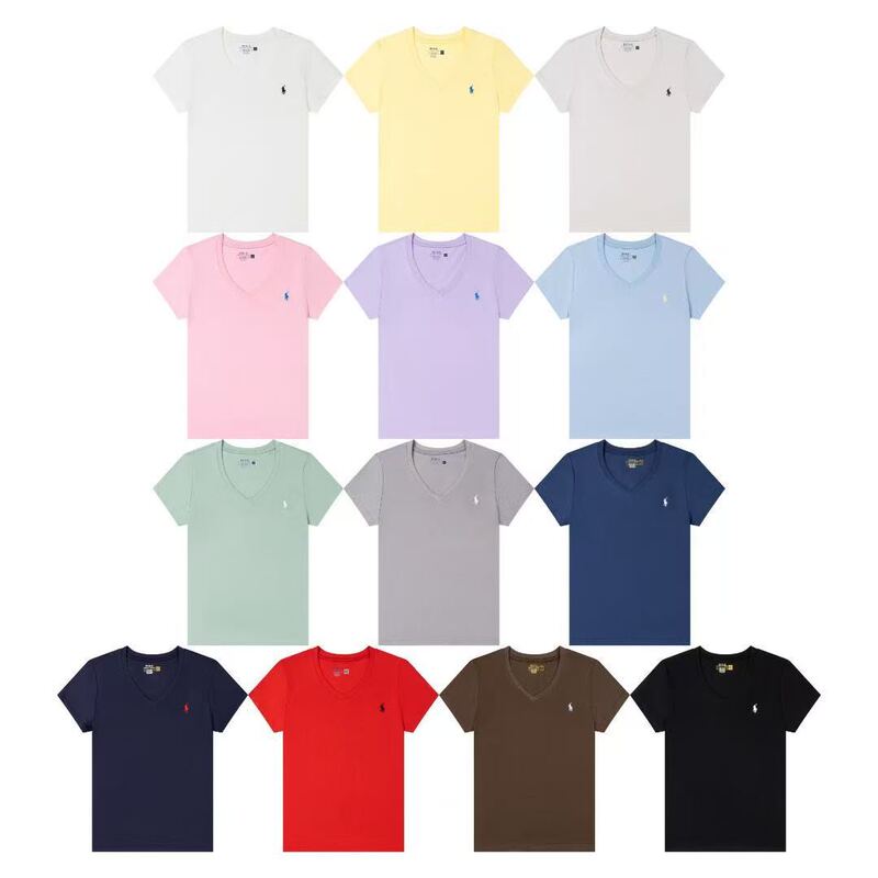 Foreign Trade Qr Code Scannable Rl Ralph Lauren Pony Embroidery Slim Fit Hot Girl Style Summer Solid Color V-Neck Short Sleeve T-Shirt for Women Foreign Trade Qr Code Scannable Rl Ralph Lauren Pony Embroidery Slim Fit Hot Girl Style Summer Solid Color V-Neck Short Sleeve T-Shirt for Women