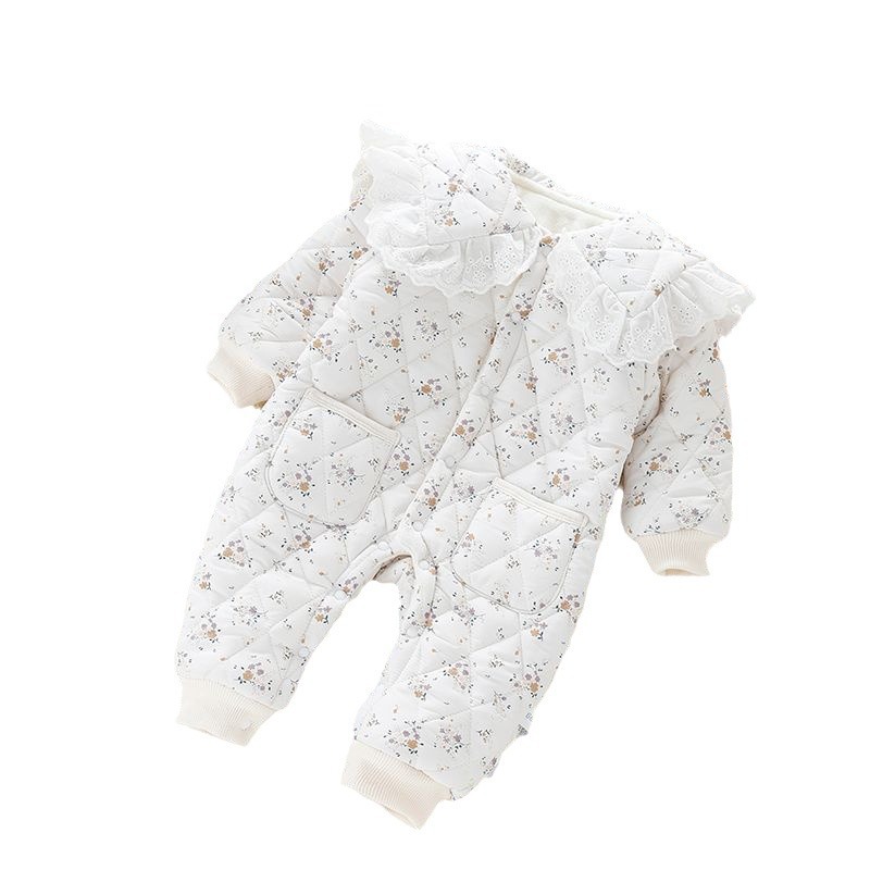 Vestido de una pieza para bebé de estilo occidental, engrosado y cálido, traje de escalada para niñas de otoño e invierno, mameluco floral recién nacido más terciopelo con capucha