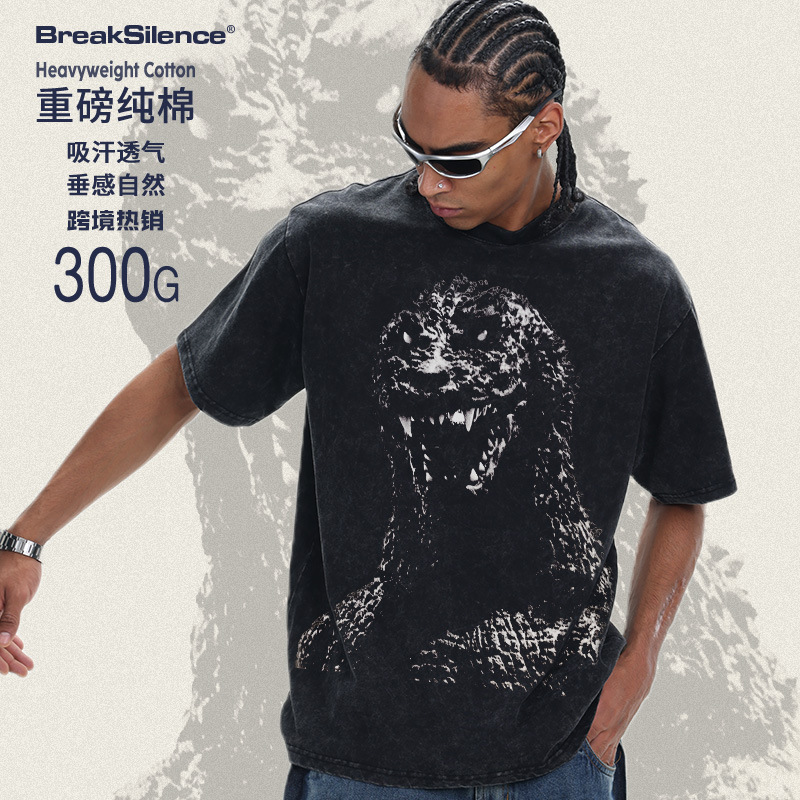 2026 Summer Godzilla New 300G Washed American Retro Drop-Shoulder Round-Neck Unisex Versatile Short-Sleeve Top 2026 Summer Godzilla New 300G Washed American Retro Drop-Shoulder Round-Neck Unisex Versatile Short-Sleeve Top