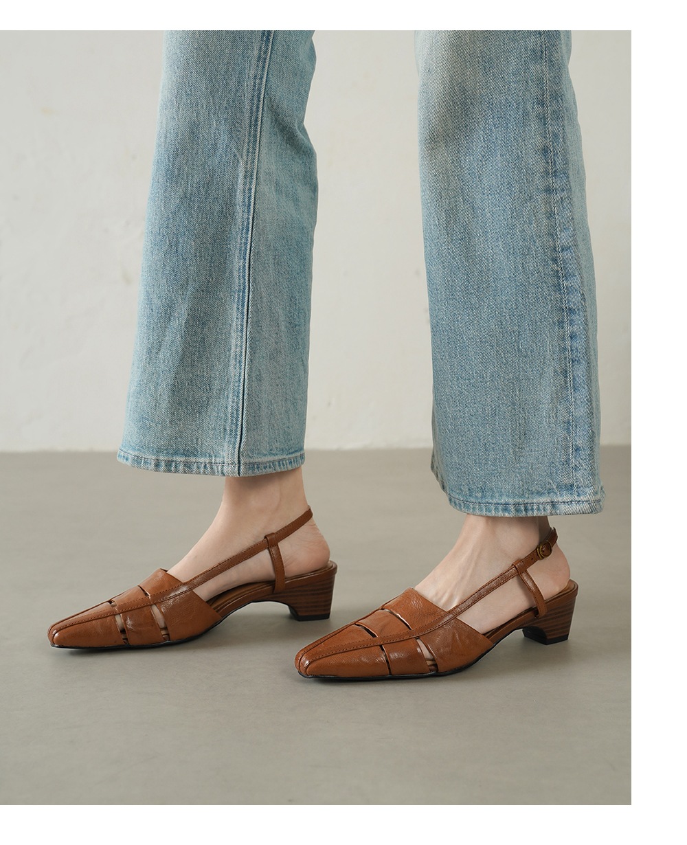 Sandal nữ da cừu gót thô quai ngang phong cách La Mã hở gót — đen chi tiết 5