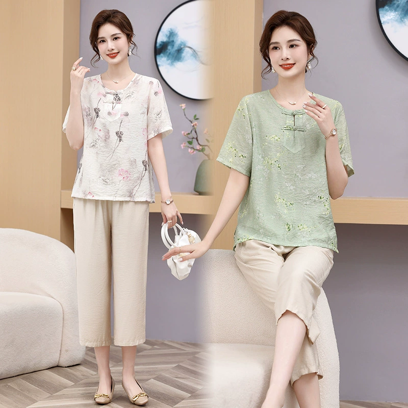 Весенне-осенний повседневный костюм для мамы среднего возраста, осень 2025, новый весенне-осенний повседневный комплект из двух предметов для женщин среднего и пожилого возраста с принтом