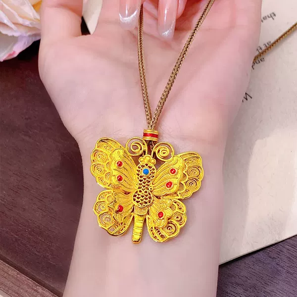 Weixue Style Copper Gold-Plated Enamel Hollow Filigree Butterfly Pendant Necklace with Flowing Butterfly Silhouette and Three-Dimensional Butterfly Sweater Chain