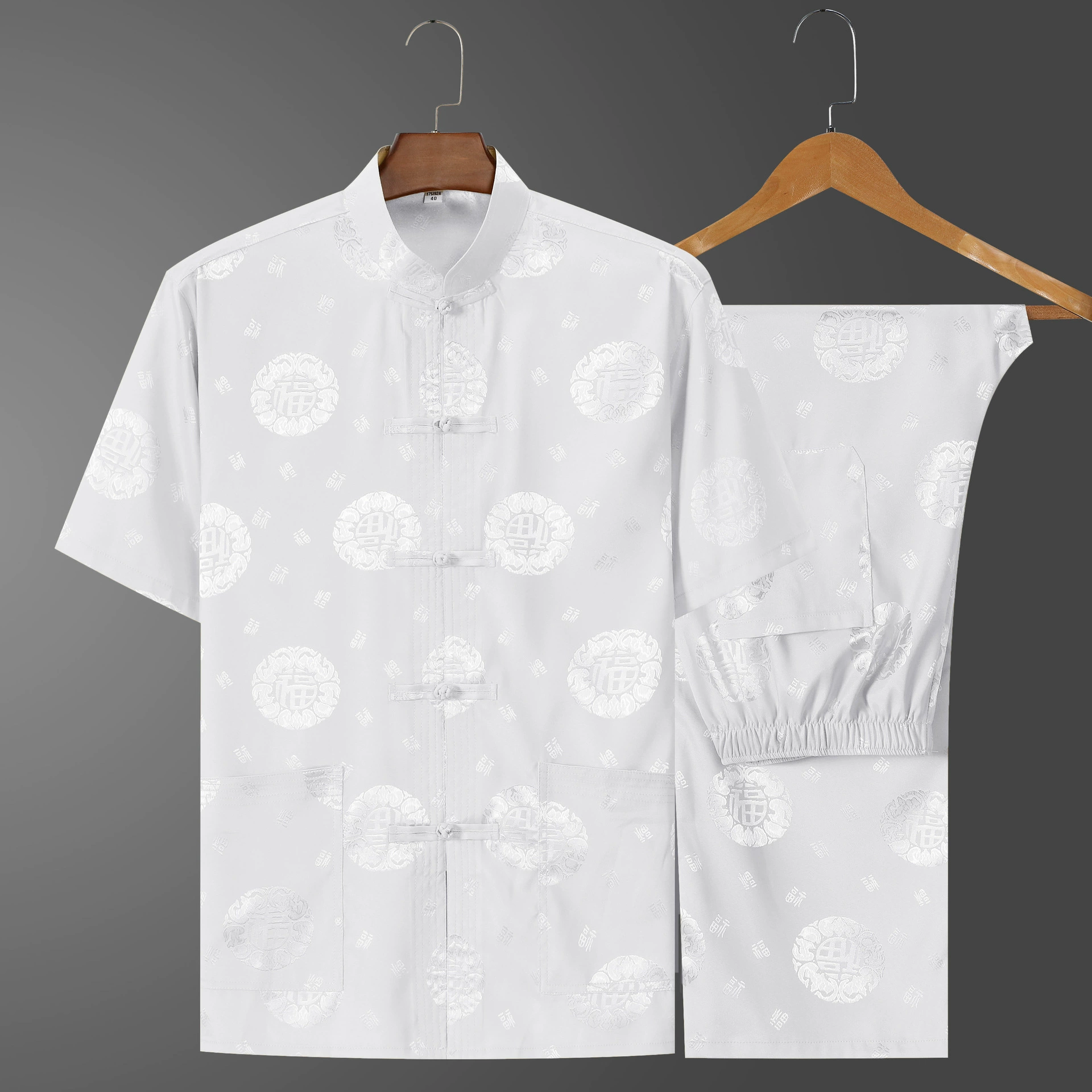 Summer silk set for elderly, for middle age, Chinese style, with short sleeve